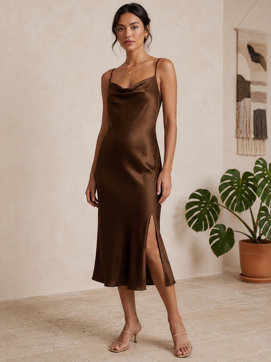 Windsor Dresses & Skirts - Windsor Satin Cowl Neck Midi Slip Dress M Chocolate Brown Slit Spaghetti Strap